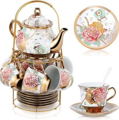 Juego de té de porcelana de 20 piezas con soporte de metal y cuchara, juego de té de cerámica para adultos, tetera con pintura de flores europea, taza, platillo y cuchara para mujeres