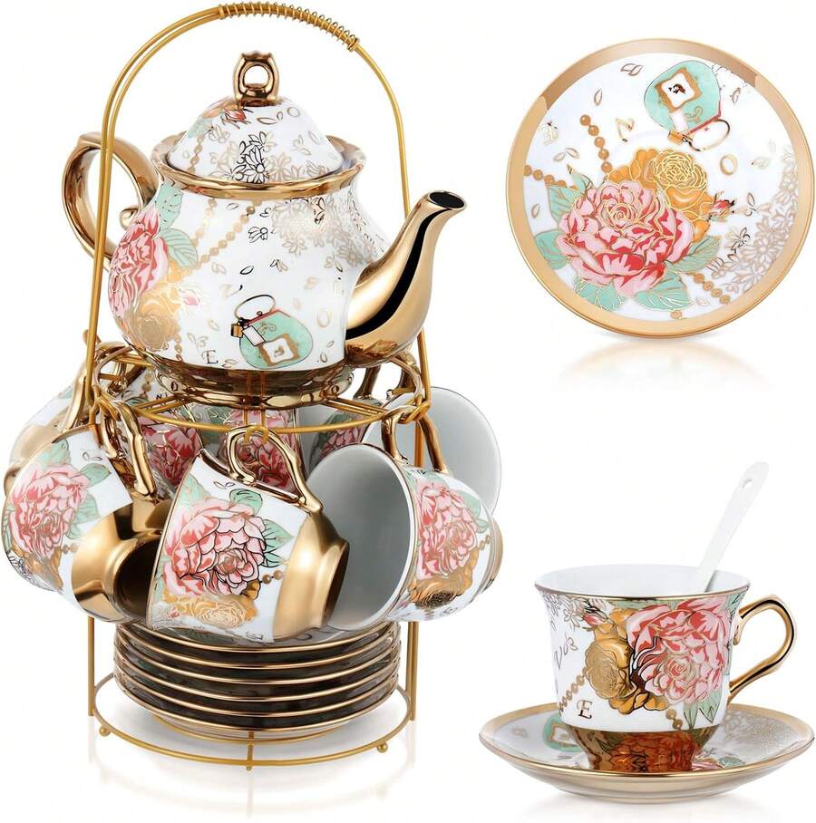 Juego de té de porcelana de 20 piezas con soporte de metal y cuchara, juego de té de cerámica para adultos, tetera con pintura de flores europea, taza, platillo y cuchara para mujeres - Estilo delicado - Ver 1