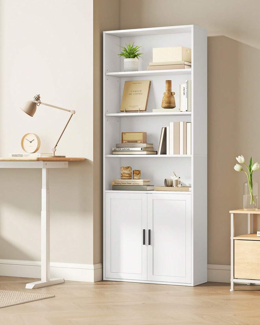 VASAGLE Libreria, Libreria Scaffale Verticale a 6 Ripiani, con Ante, 24 x 60 x 175 cm, per Soggiorno Studio Ufficio Sala da Pranzo, Bianco Nuvola - Bianco - Visualizzare 1