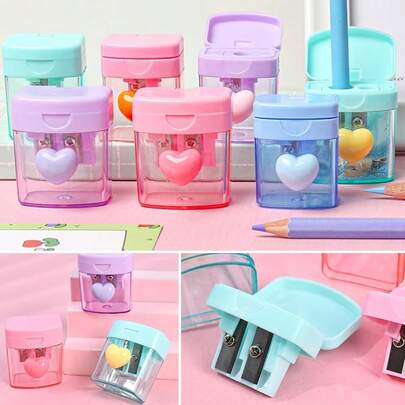 Double Hole Pencil Sharpener Pencil Sharpener Macaron Cute Four-Color Love Rotating Transparent Pencil Sharpener With Lid
