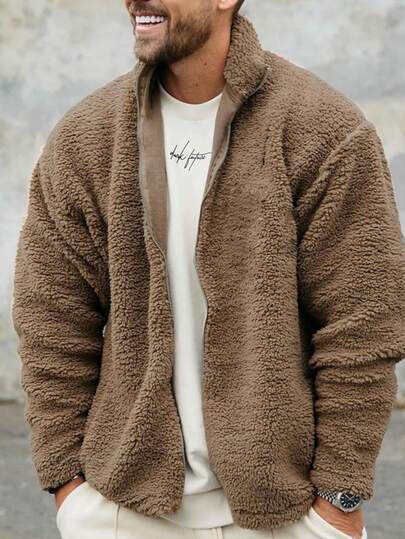 男士休闲保暖内衬纯色防风夹克，适合运动、户外活动和日常穿着。