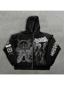 Men's Y2K Streetwear Angel Print 3D Hooded Zipper Oversized Sweatshirt For Men & Women - 黑色 - 查看 3
