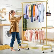 Heavy Duty Clothing Racks Hanging Clothes Rack, 43 Wide Rolling Garment Rack Metal Clothing Hanger Rack With Wheels Wardrobe Rack Coats, Shirts, Dress, Black - 金色+雙桿 - 查看 7