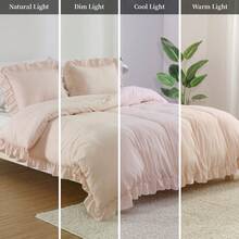 Duvet Cover Set, Soft Washed Ruffled Duvet Cover 3 Pieces (1 Duvet Cover, 2 Pillowcases) Shabby Chic Home Bedding Duvet Cover Set With Button Closure - 粉色 - 查看 3