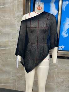 Women Knit Cover-Up, See-Through Solid Irregular Loose Pullover Summer Beach Tops - Pink - View 4