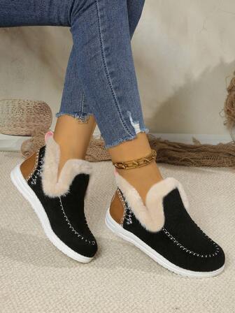 Herbst/Winter Neue thermisch gefütterte, warme, flache, bequeme, vielseitige Schnee-Stiefel mit Schnalle für Studenten, Fellstiefel