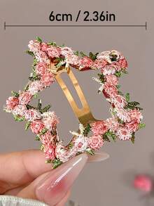 Pasador de pelo con bordado floral rosa - Accesorios de pelo lindos de hierro, adecuados para uso casual y diario en todas las estaciones, sin electricidad, diseño de tela de punto, accesorios para el cabello, pasador de pelo de flor rosa de alta gama para mujer, clip de amor dulce para la frente, flequillo lateral, pasador de pelo, pinzas para el cabello, pasador de pelo