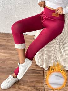 Pantaloni skinny creion cu talie înaltă, căptușiți termic, colanți termici elastici pentru femei, transfrontalieri - Burgundia - Vizualizare 4