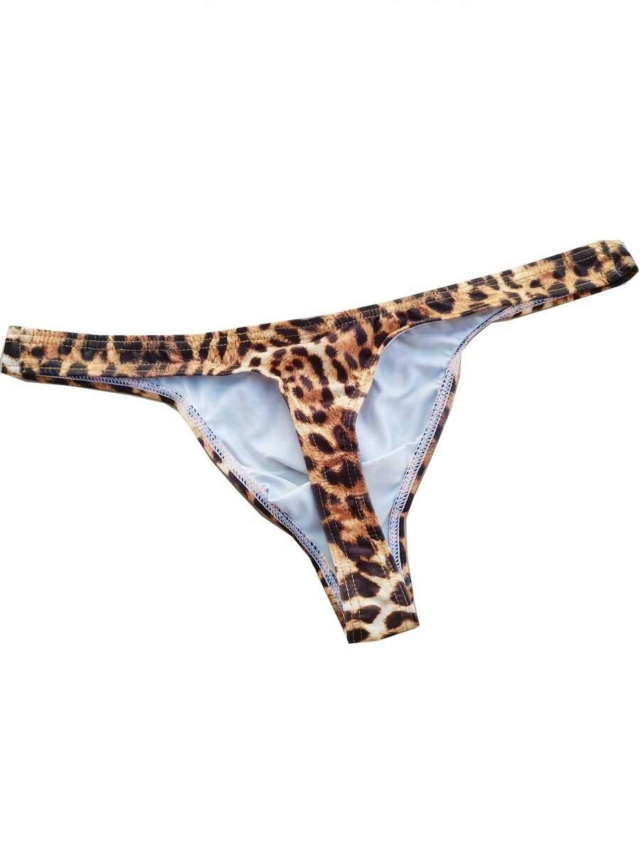 Leopard Print Low Waist Men's Casual Comfort Thong Underwear - Gold - View 1
