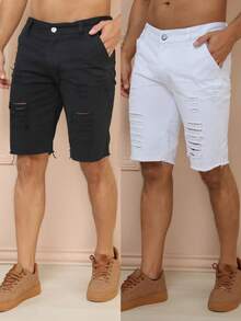 Kit 2 Men's Bermuda Shorts Destroyed Washes - Black and White - View 6