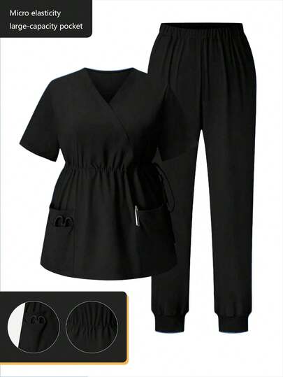 Mono informal de manga corta con cuello en V, cintura ajustable y bolsillo, color negro, adecuado para salón de belleza, centro de bienestar, clínica dental, hospital veterinario, conjunto de 2 piezas
