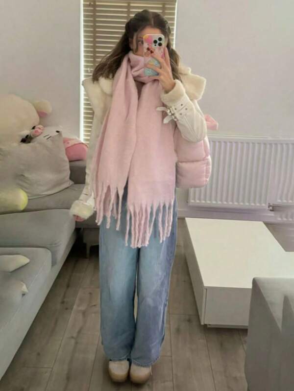 1 pieza Bufanda cálida de unicolor tipo macaron para mujer, de lana gruesa tejida con flecos, adecuada para viajes, exteriores y uso diario en invierno