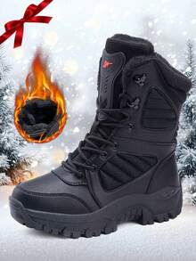 Men'S Fleece-Lined Mid-Calf Boots Snow Boots, Thermal Insulated Cold Weather Boots, Non-Slip TPR Sole & Lace-Up Design, Durable Outdoor Winter Boots, Gift For Men, Christmasgift, Stylish Winter Footwear - 黑色 - 查看 12