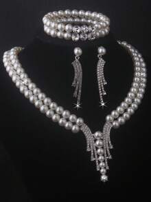 1 Set Bridal Accessories: 2-Row Elastic Bracelet + 2-Row Beaded Necklace + 1 Pair Earrings, Elegant Chain Set For Wedding Dress, Banquet, Ceremony