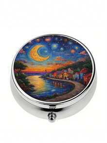 2-Compartment Square & 3-Compartment Round Pill Box, Portable Pocket Or Wallet Sized Decorative Metal Medicine/Vitamin Storage Box, Unique Gift (Starry Night, Puppy) - Multicolor - View 24