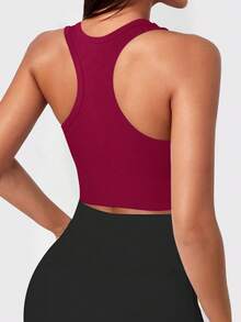 Yefecy Basic Solid Color Ribbed Knit Yoga Sports Bra, Shockproof Gather Wireless Women Sports Bra, Women Sportswear - Màu Đỏ Sâu - Xem 2