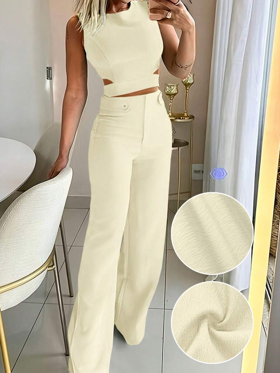 Setelan Dua Potong Wanita Musim Panas Tipis Modis Kasual Slim Fit Elegan Warna Polos dengan Kancing Dekoratif, Bahan Tenun Sederhana Tidak Melar Slim Fit dengan Resleting Ringan untuk Musim Semi/Panas - Aprikot - View 1