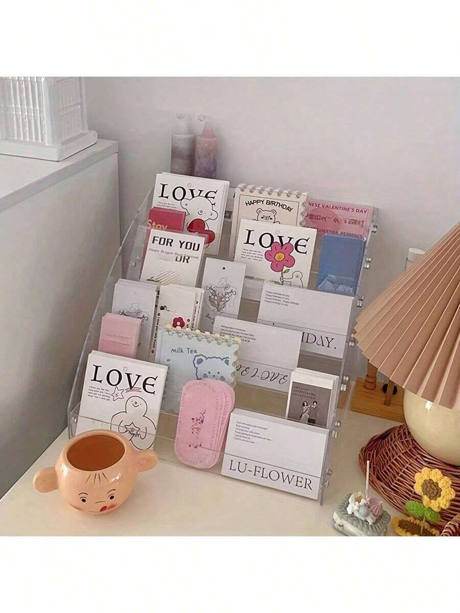 1 件现代透明亚克力贺卡展示架 - 塑料收纳架，用于明信片、名片和记事卡，带多个插槽 - 桌面支架，适用于花店、零售店和礼品店