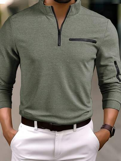 Men's Textured Waffle Fabric Front Zipper Left Sleeve Real Zipper Pocket Long Sleeve Stand Collar Street Outdoor Casual Shirt