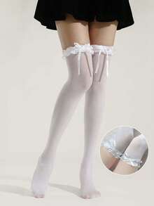 1双女童过膝长袜，带蝴蝶结，白色，洛丽塔风格，荷叶边蕾丝花边。袜子、发饰、发带、胸针、眼镜、学习用品、奖章、伊斯兰头巾、奢华新娘皇冠、女士围巾、袖套、披肩、女士太阳镜、袜子、女士腰带、女士手套、男士太阳镜、舒适袜子 - 彩色 - 查看 2