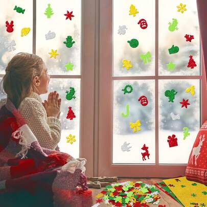 50/100 Pcs Mixed Glitter 3D Snowflake Christmas Tree EVA Stickers, Christmas Foam Sticker Snowflakes Christmas Tree Decoration Handmade Toys, Suitable For Walls And Other Places, Handmade DIY Teaching Materials, Festival Decorations.