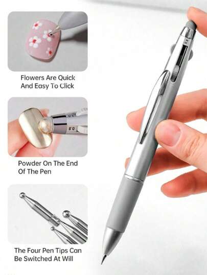 1pc 4-In-1 Nail Art Dotting Painting Tool, Multi-Functional Dotting/Flower/Nail Art Painting Tool Suitable For Nail Salons, Pen Design Nail Art Tool With Ruler Markings And Pressing Head, Suitable For Painting, Carving, Rhinestone DIY And Salons, Silver