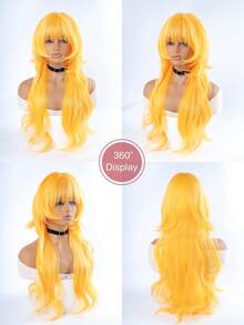 alicegarden 1 片合成耐热卷发，柠檬黄长卷假发，刘海造型，28 英尺长，纤维制成，适合日常使用，自然逼真的假发。 - 黃色 - 查看 5