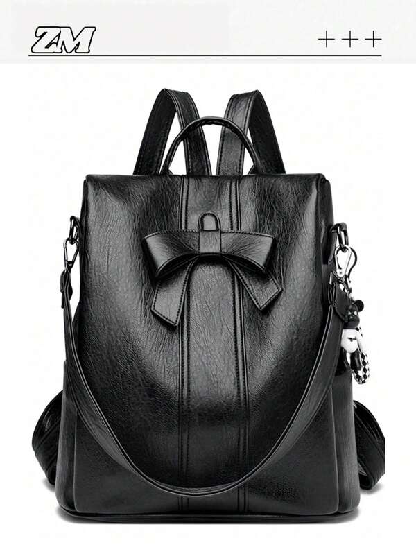 [Japaneses Preppy Style | Multi-Functional Backpack With Bowknot In Black And Gold] The Black And Gold Series Backpackers Campuses And Streets With Its Sweet And Cool Aesthetics! The Body Of The Bag Is Made Of High-Density Pebbled Leather, With A Three-Dimensional Leather Bowknot On The Front, Complemented By Dazzling Golden Metal Accessories