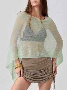 Women Knit Cover-Up, See-Through Solid Irregular Loose Pullover Summer Beach Tops - Green - View 3