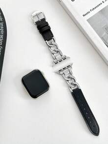 1pc Compatible With Apple Watch Band, Unisex, Creative Design, Fashion Casual, Personalized Luxury Metal & Black Leather Strap, Compatible With Apple Watch Ultra/SE/11/10/9/8/7/6/5/4/3/2/1 Series 38mm 40mm 41mm 42mm 44mm 45mm 49mm, Soft Leather Band, Adjustable Wristband, Smart Watch Accessory, Compatible With Apple Watch Bands