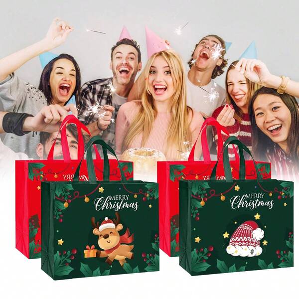 4 Large Christmas Gift Bags With Handles - Holiday Non-Woven Handbags, Suitable For Holiday Shopping, Packaging And Party Supplies, 32.0 Cm * 24.89 Cm * 17.02 Cm, Featuring Red, Green Santa Claus, Socks, Hats, And Reindeer Designs. Holiday Party Supplies | Vibrant Christmas Bags | Durable Gift Bags, Christmas Gift Bags
