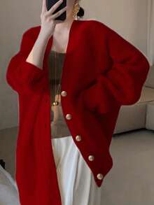 Alicedudu 女式修身竖条纹纹理简约针织开衫，秋冬 - 紅色 - 查看 5