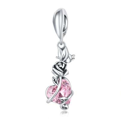 PANPOKI 1 pezzo Autentico ciondolo in argento sterling S925 con farfalla rosa, cuore e zirconia per bracciale, collana, creazione di gioielli fai-da-te, adatto come regalo per le donne