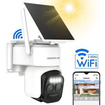 SZSINOCAM-bianco-1PCS/2PCS-sistema di telecamere di sorveglianza wireless HD a pannelli solari, doppia lentile PTZ HD, WiFi a 2,4 GHz, riflettori sportivi, visione notturna a colori, chiamate bidirezionali, tracciamento dello zoom ibrido, angolo ultra ampio, rilevamento del movimento PIR, conversazione bidirezionale, allarme, ideale per la sorveglianza all'aperto e la rilevazione dell'intelligenza artificiale, design elegante, struttura robusta, telecamere di sorveglianza wireless per la casa.