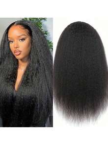 Blended Wigs-A Mix Of Human Blended Hair And Synthetic Yaki Straight Human Blended Hair With Elastic Drawstring Wig Bye Bye Knots Pre Cut 13x4 Lace Front 180% Density Put On And Go 3S Wear Glueless Yaki Wig Pre Plucked Pre Bleached Invisible Knots - Natural & Black - View 7