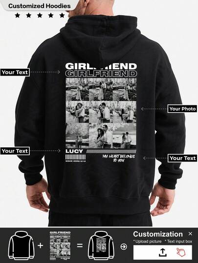 Anpassad personlig herrtröja med huva. Med flera textalternativ tillgängliga. Ladda bara upp bilden så får du den. Och ett trendigt val. Skapa en unik personlig huvtröja. Detta är en present till dig själv och även ett utmärkt val för dina vänner.