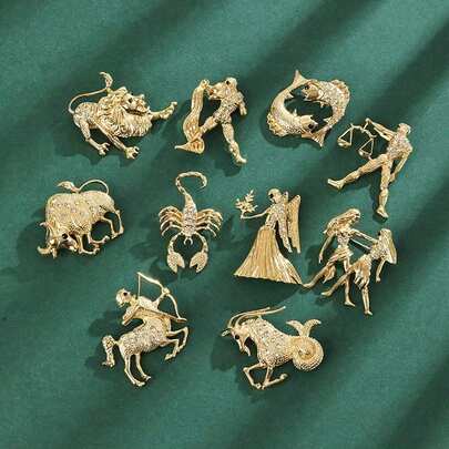 Broche casual com strass e 12 signos do zodíaco, feito em liga de zinco. Acessório moderno e versátil, ideal para homens e mulheres, perfeito para o dia a dia, trabalho, festas, casacos de outono/inverno e ternos.