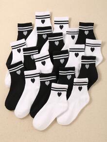 10双黑白双杠心形儿童袜子 运动袜 适合日常搭配/生活 男童女童（1-16岁） 透气 舒适 柔软 秋冬款 - 彩色 - 查看 6