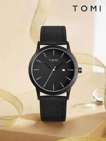  1 pieza Reloj TOMI con correa de cuero, esfera de calendario con remaches vintage, diseño simple y compacto para estudiantes jóvenes