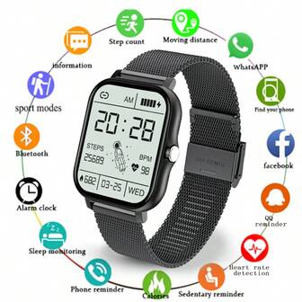 智能手表/自定义壁纸音乐控制/社交APP消息提醒/来电提醒/短信提醒/心率/多项运动/闹钟提醒/久坐提醒/查找手机/音乐播放/秒表/计步器/距离/卡路里/睡眠监测/心率监测/血压/血氧/搜索设备/语言切换/抬手亮屏