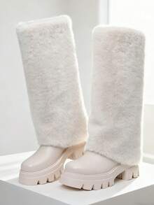 Furry Fluffy Women Snow Boots Warmplush Knee High Boots Luxury Fashion Punk Goth Party Dating Women Winter Shoes - 白色 - 查看 2