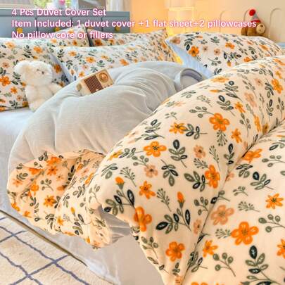 4pcs Milk Velvet Duvet Cover Set, Cute Yellow Floral Minimalist Polyester Bedding Set, Super Soft Warm Duvet Cover 4-Piece Set, Light Blue Skin-Friendly Duvet Cover Set Brings Warmth (1 Duvet Cover + 1 Bed Sheet + 2 Pillowcases, Excluding Filler)