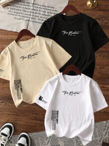 Set de 3 camisetas de manga corta con cuello redondo y estampado de eslogan casual para hombre - Multicolor - Ver 4