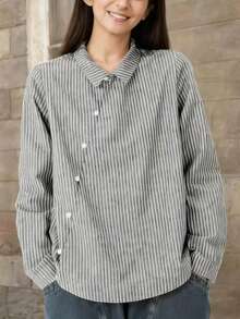 独特设计的不对称条纹长袖上衣 - 黑與白 - 查看 1