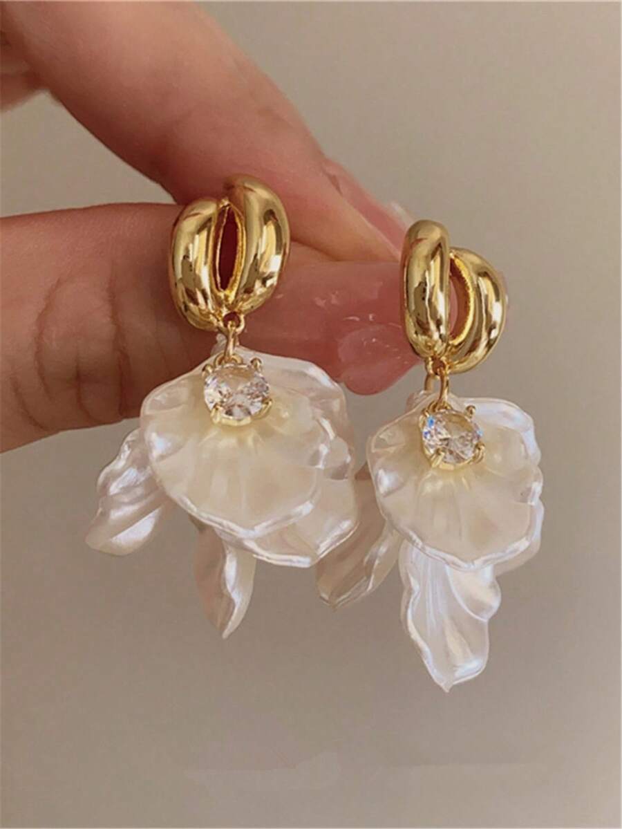 1 Pair Long Tassel Acrylic Shell Flower Earrings, Women's Fashion Earrings For Party, Banquet, Holiday, Jewelry Accessories - Gold - View 1