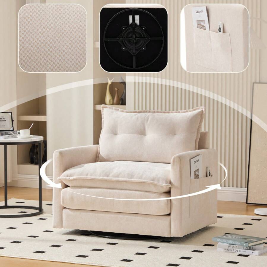 Swivel Chair - Beige + Chenille - View 1