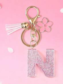 1pc DIY Pink 26 English Alphabet Keychain, Resin Glitter Flower Tassel Key Chain For Women Christmas Gift