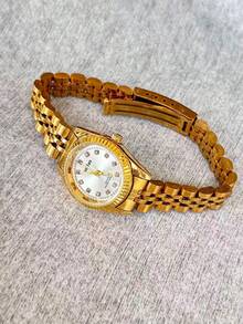 新款时尚女士金色钢带防水手表，韩国时尚简约奢华休闲石英腕表 - 白色 - 查看 2