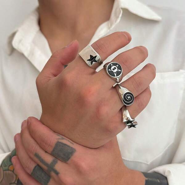 Juego de 4 anillos de hombre de alta gama personalizados con pentágono