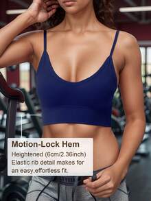 1pc Classic Ribbed High-Elasticity Yoga Bra, Seamless Sports Camisole With Adjustable Straps, Backless & Breathable For Fitness - Navy Blue - View 5